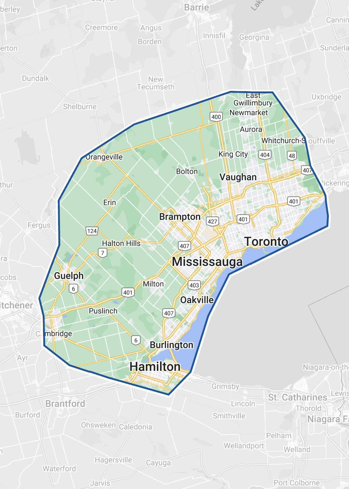 A map highlighting Quality Age Build's service coverage in the GTA, encompassing Toronto, Brampton, Mississauga, Vaughan, and Hamilton.