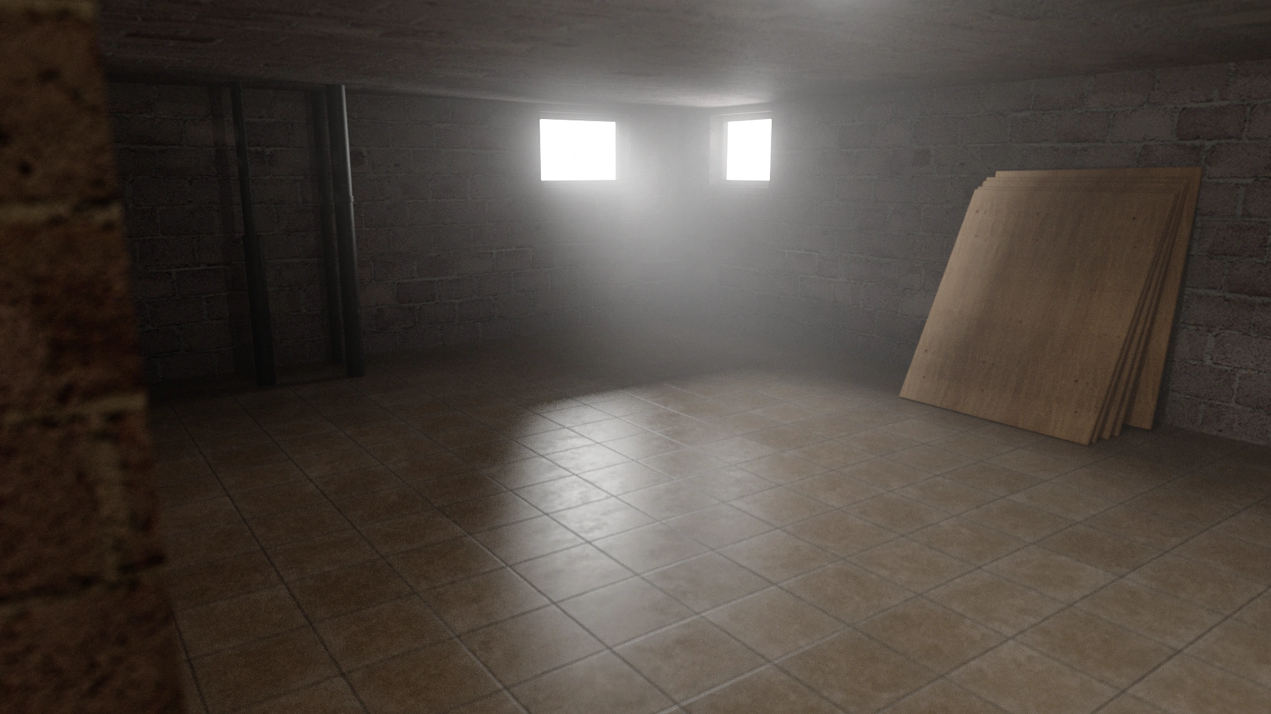 An empty room with brick walls and a concrete floor, illuminated by natural light from two windows, with wooden planks stacked against one wall, representing 'Clearing the Space' in the underpinning process