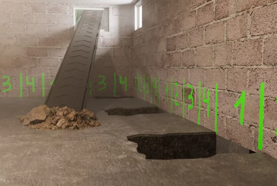 A basement underpinning with numbered wall sections and a metal plate leaning into an excavated hole in the concrete floor
