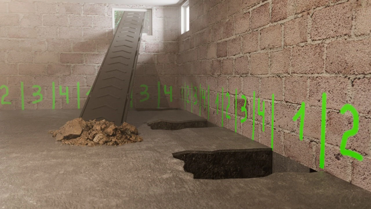 A basement undergoing underpinning, with numbered sections on the wall and a metal plate leaning into an excavated hole in the concrete floor, representing the excavation stage of the underpinning process.