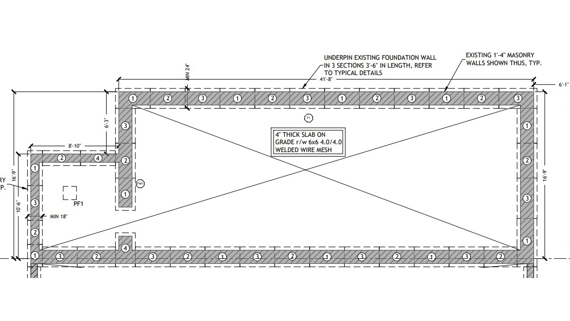 A technical schematic of an underpinned foundation showing detailed measurements, inspection points, and construction notes for an interim inspection phase in the underpinning process