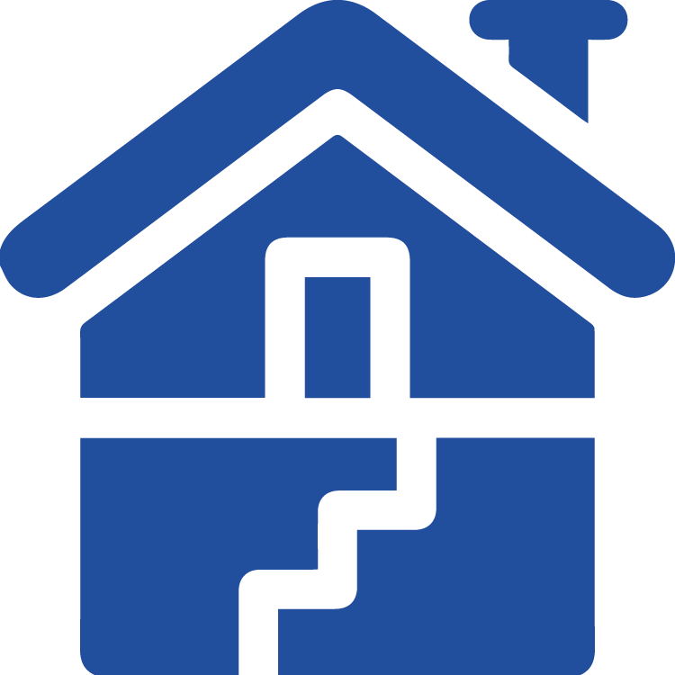 Blue house icon with stepped foundation below, representing a secure and stable service foundation