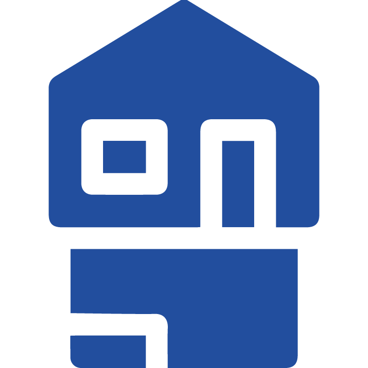 A simple blue house icon with a bench footing structure underneath, symbolizing bench footing construction services