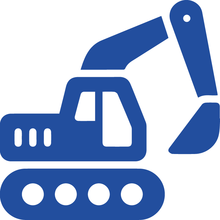 Blue excavator icon with tracked wheels and a prominent digging arm, representing excavation services
