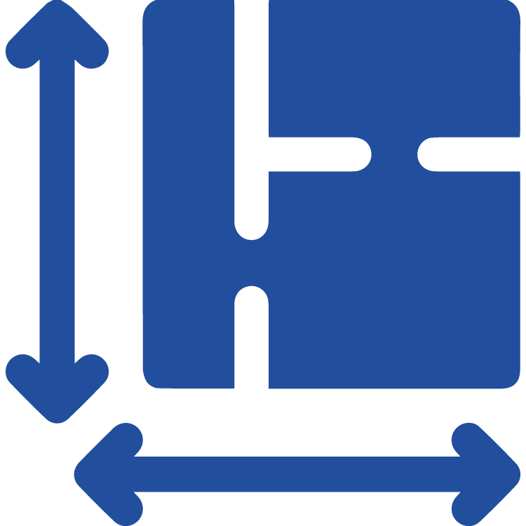 Blue house icon split into two sections with arrows pointing up and down, and left and right, symbolizing home addition and expansion services
