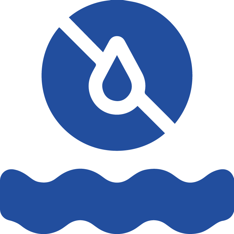 Icon with a blue water droplet intersected by a line over waves, representing basement waterproofing services