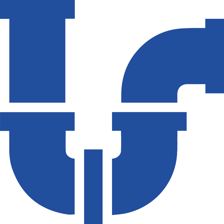 A blue icon showing abstract piping shapes for sump pump and backwater valve installations, representing drain services