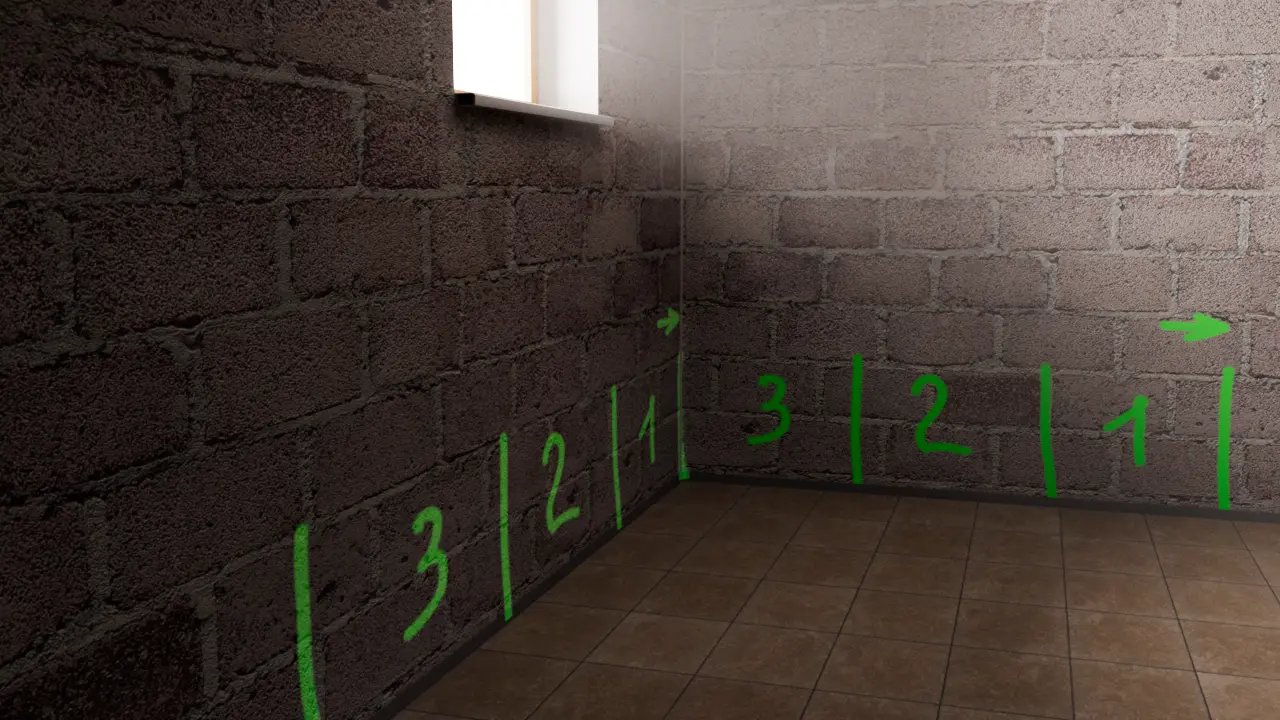Interior view of a basement with walls marked with green numbers '3', '2', '1', and arrows, indicating the sequence for reinforcing the structure during the underpinning process.