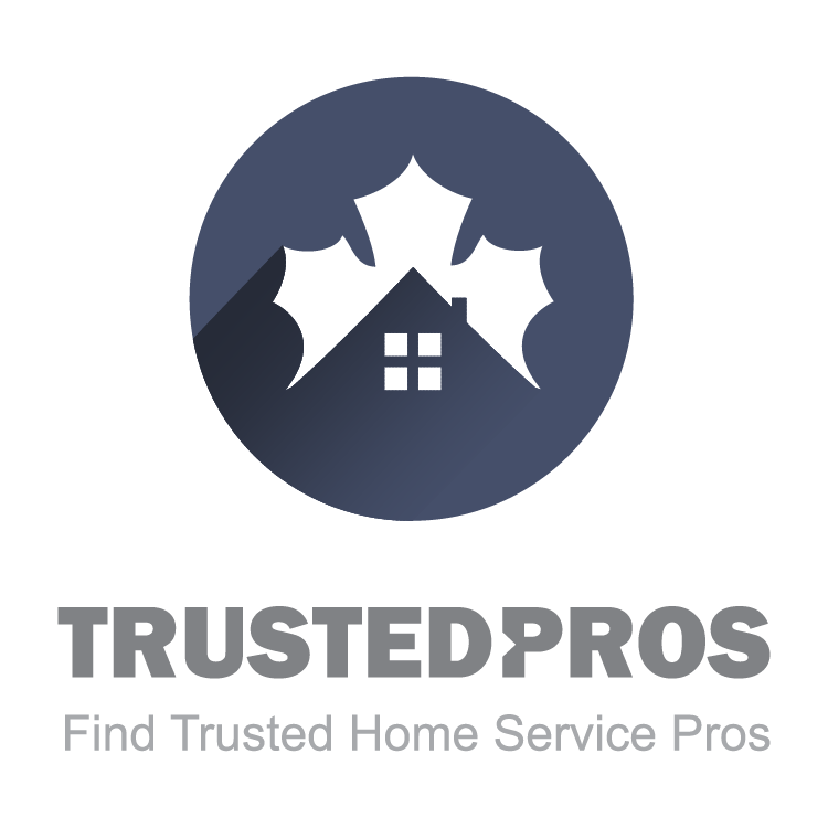 Logo of TrustedPros featuring a stylized maple leaf above a house icon with the words 'TRUSTEDPROS - Find Trusted Home Service Pros' against a dark circular background