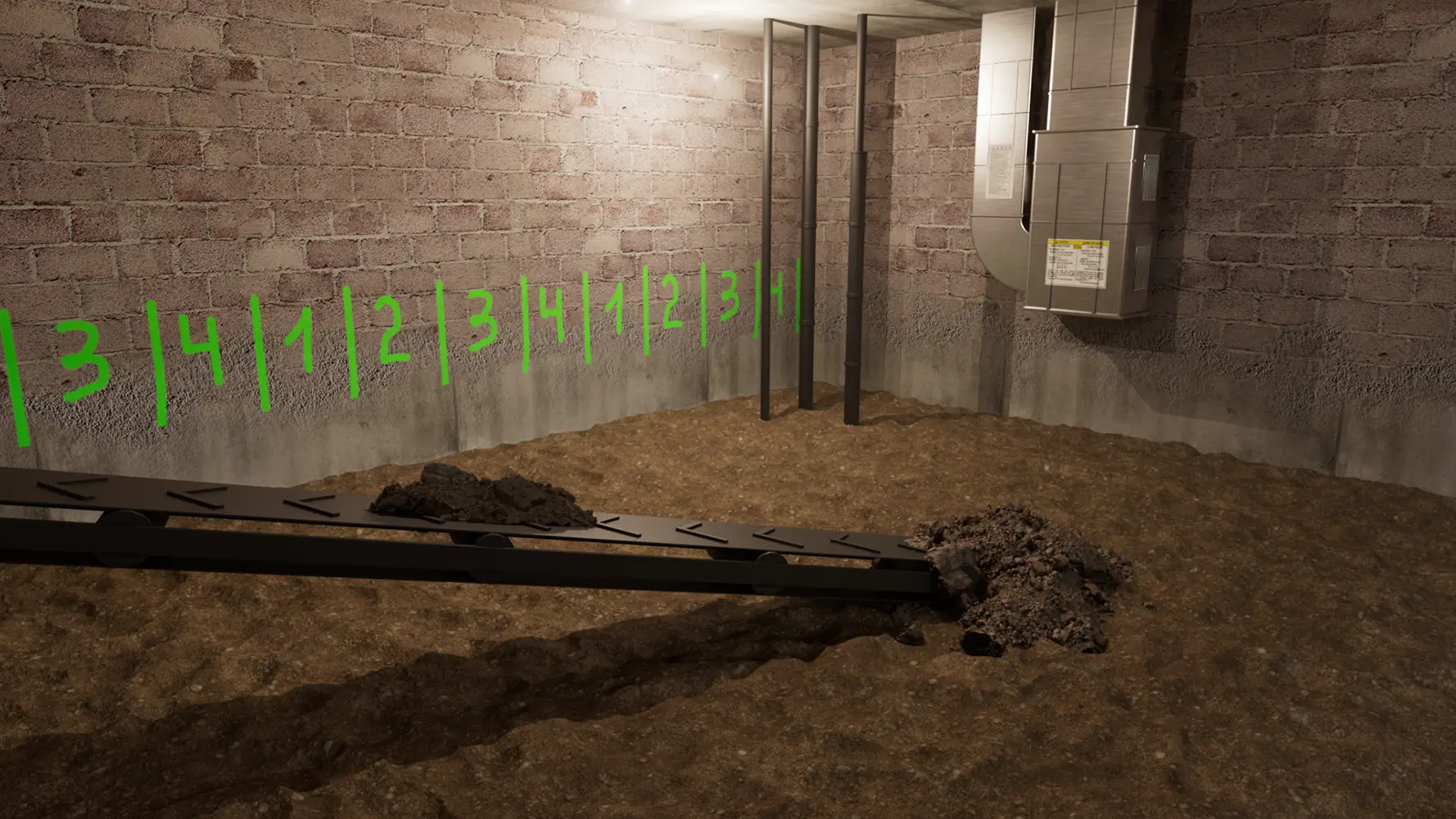 A basement with an exposed earthen trench where the concrete floor has been demolished, metal beams across the opening, and numbered sections on the walls, signifying the demolition stage in the underpinning process.