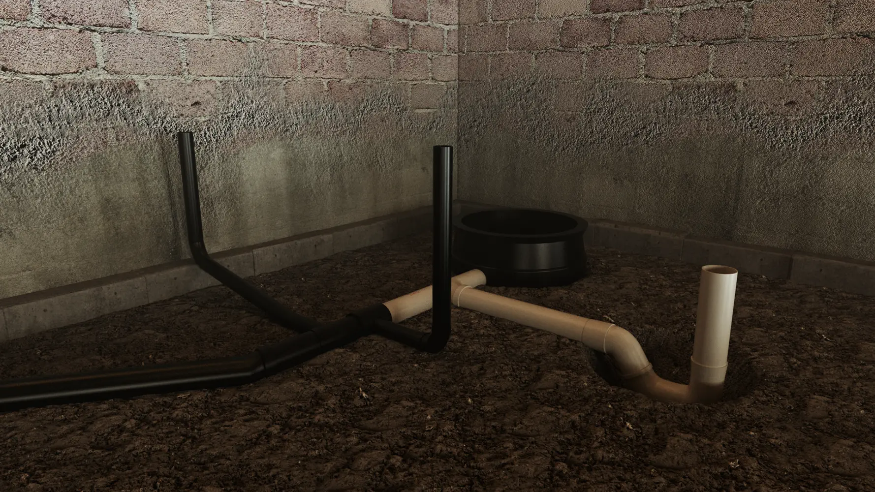 Cross-sectional illustration of the underpinning process, highlighting the installation of a drainage system with pipes leading to a sump pump, a crucial step in managing groundwater and maintaining the stability of the underpinned foundation