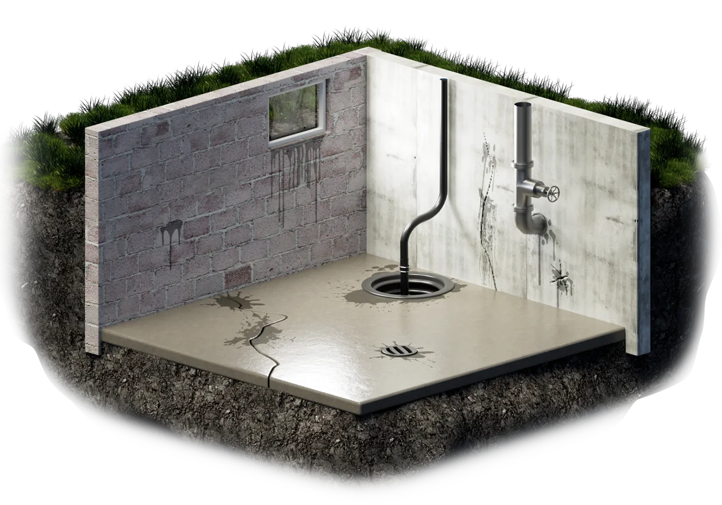 Cross-section view of a basement corner illustrating waterproofing issues: sump pump, floor and foundation cracks, window well leakage, mortar joint and sewer pipe leakage