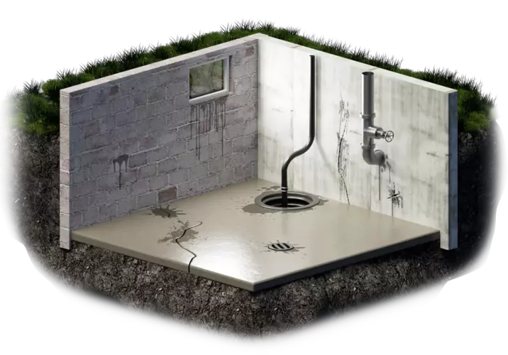 Cross-section view of a basement corner illustrating waterproofing issues: sump pump, floor and foundation cracks, window well leakage, mortar joint and sewer pipe leakage