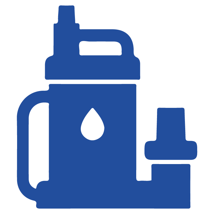 Blue sump pump icon with water droplet, indicating moisture control and flood prevention.