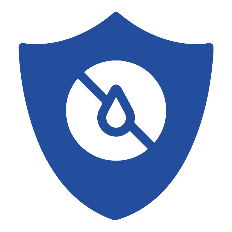 Blue shield icon with white waterproofing symbol, denoting interior water resistance.