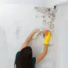 A person in a teal shirt and yellow gloves applying anti-mold spray to a wall in a basement as a preventive measure.