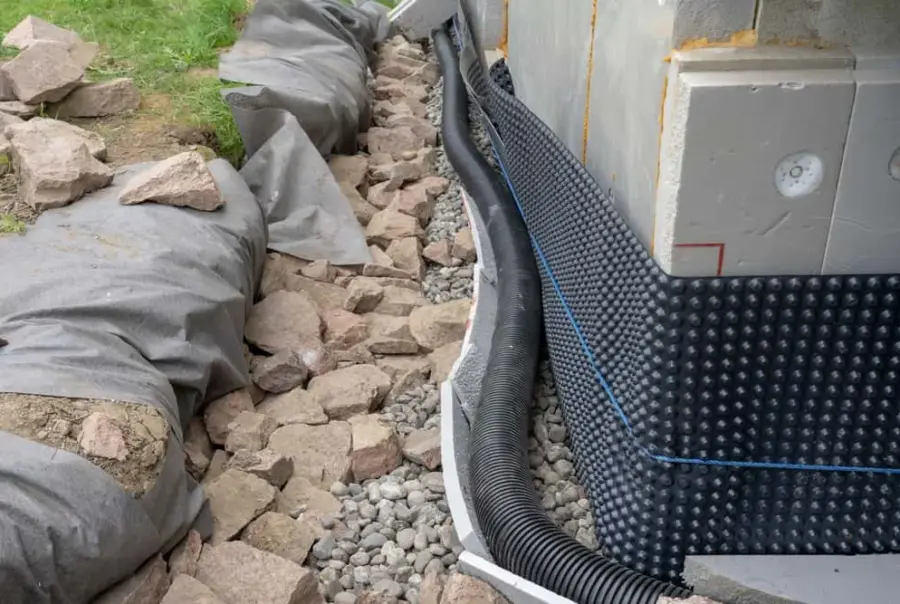 Drainage pipe and waterproofing wrap installed along building foundation