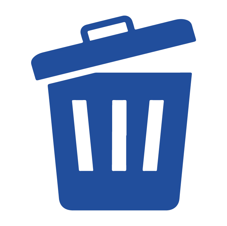 Blue garbage bin with a tilted lid representing rental services.
