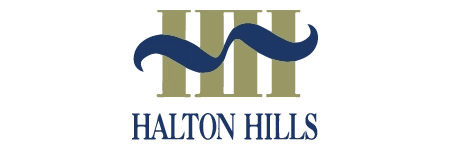 Halton Hills logo with three vertical pillars and a blue wave.