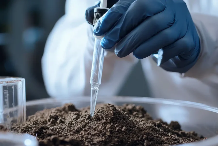 Close-up of soil sample being tested in a lab