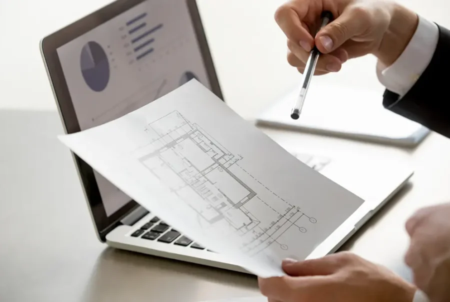Hand holding architectural drawing with laptop displaying permit data