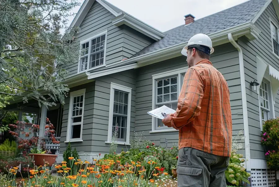 Home inspector evaluating property exterior for structural damage